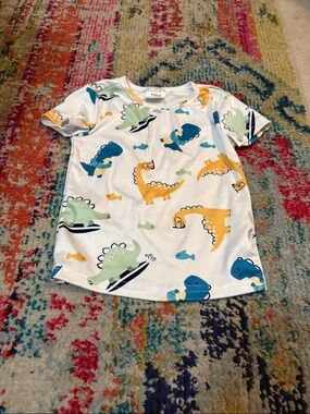 SHEIN White Short Sleeve Tee with Blue, Green & Yellow Dinosaurs